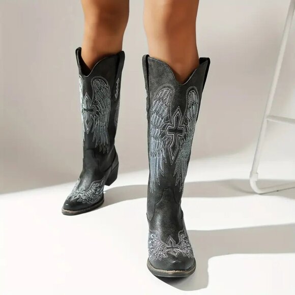 Edgy Grunge Women's Western Cowboy Boots Y2K Style Cross Detail Dark Academia - Picture 1 of 8